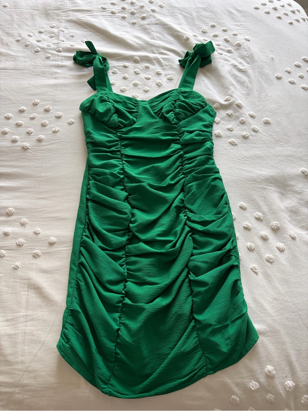 PrettyLittleThing Emerald Ruched Tie-Shoulder Mini Dress